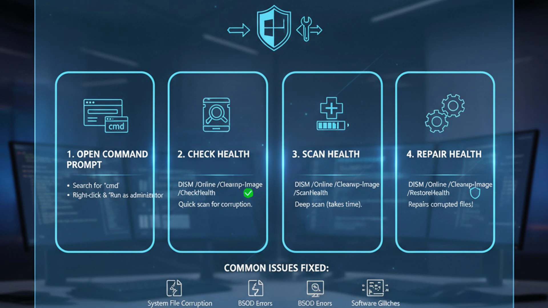 Technical guide visual for DISM on Windows 11, educational infographic