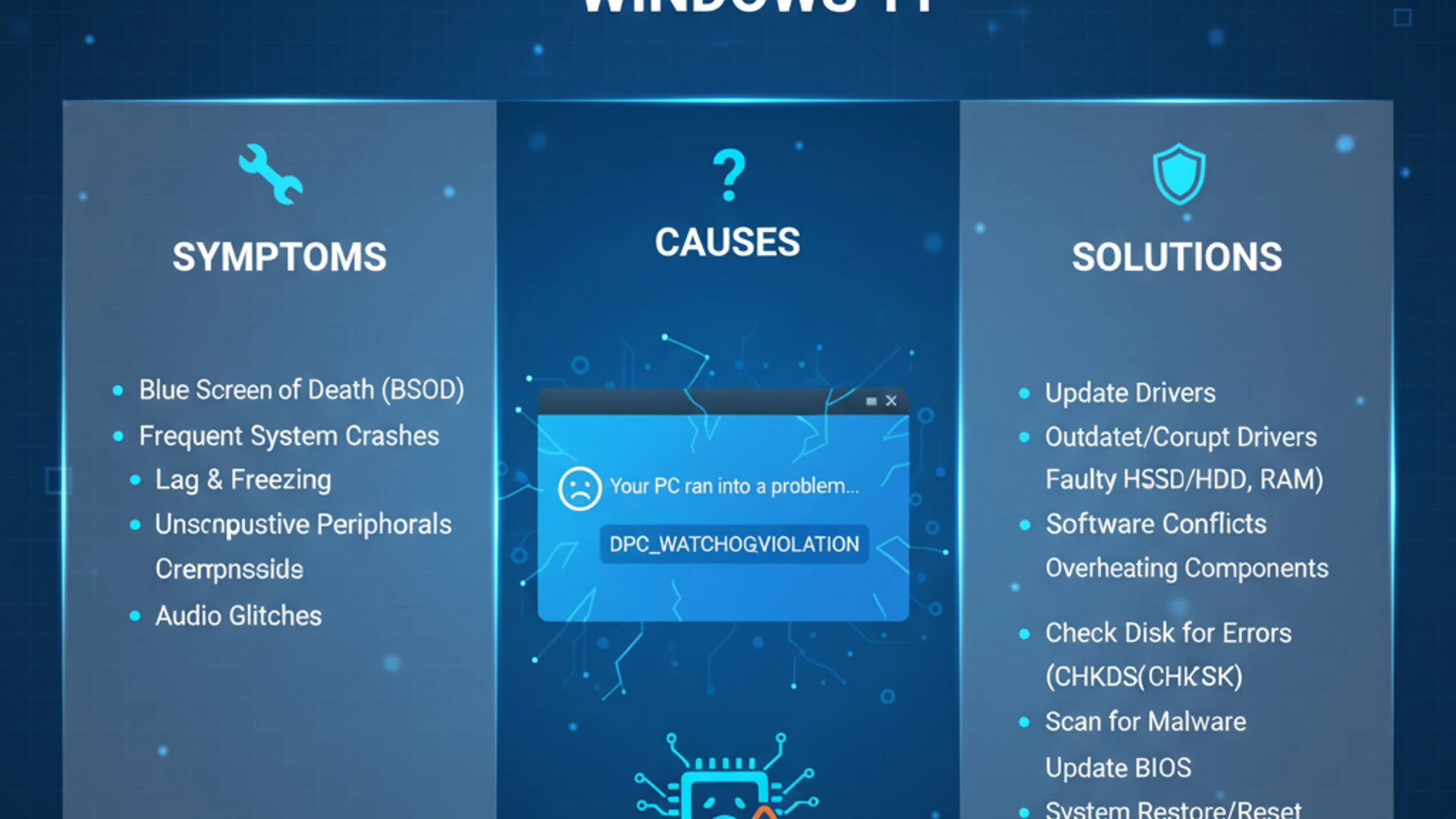 Technical guide visual for dpc watchdog violation on Windows 11, educational infographic