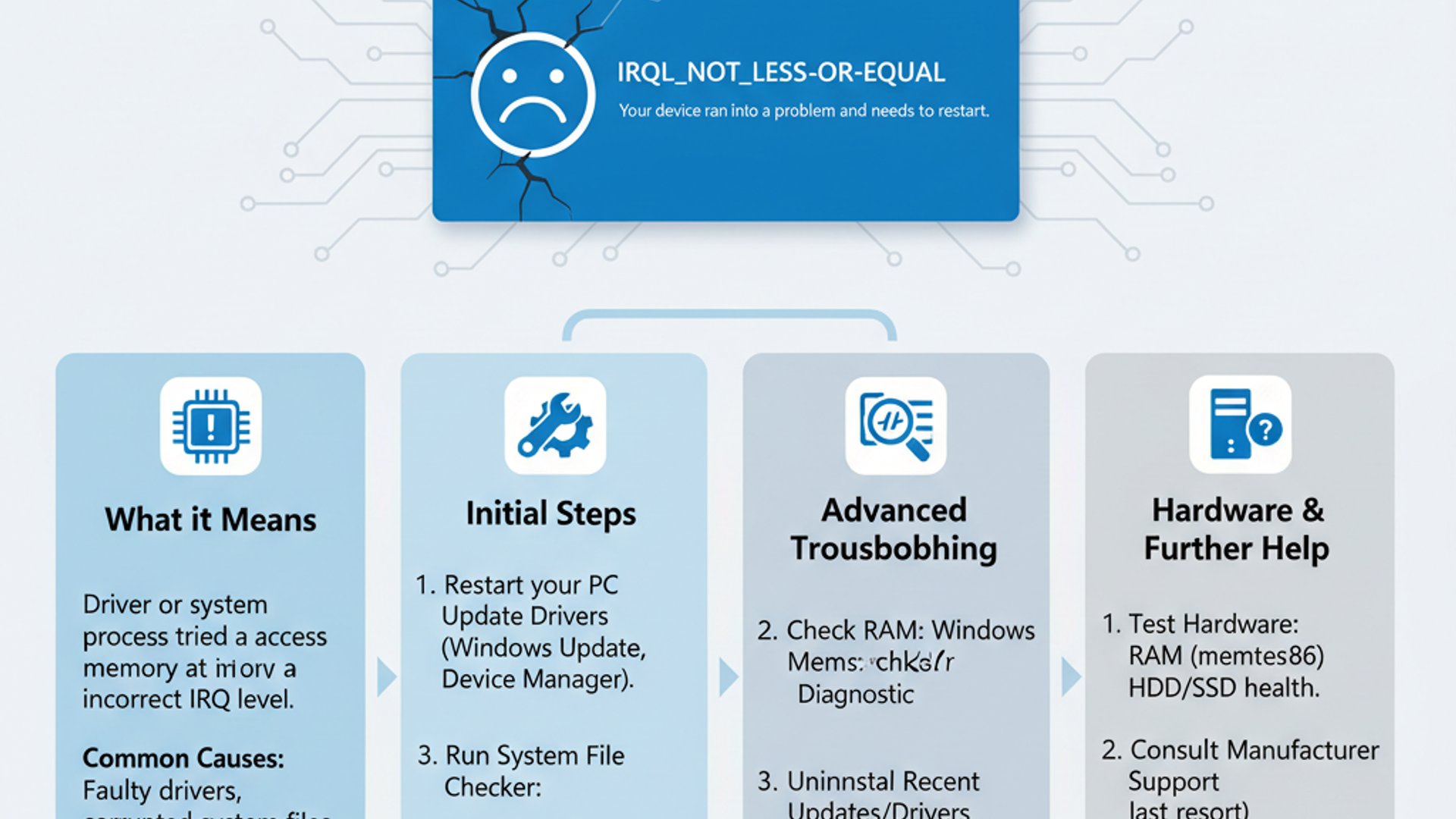 Technical guide visual for irql_not_less_or_equal windows 11, educational infographic