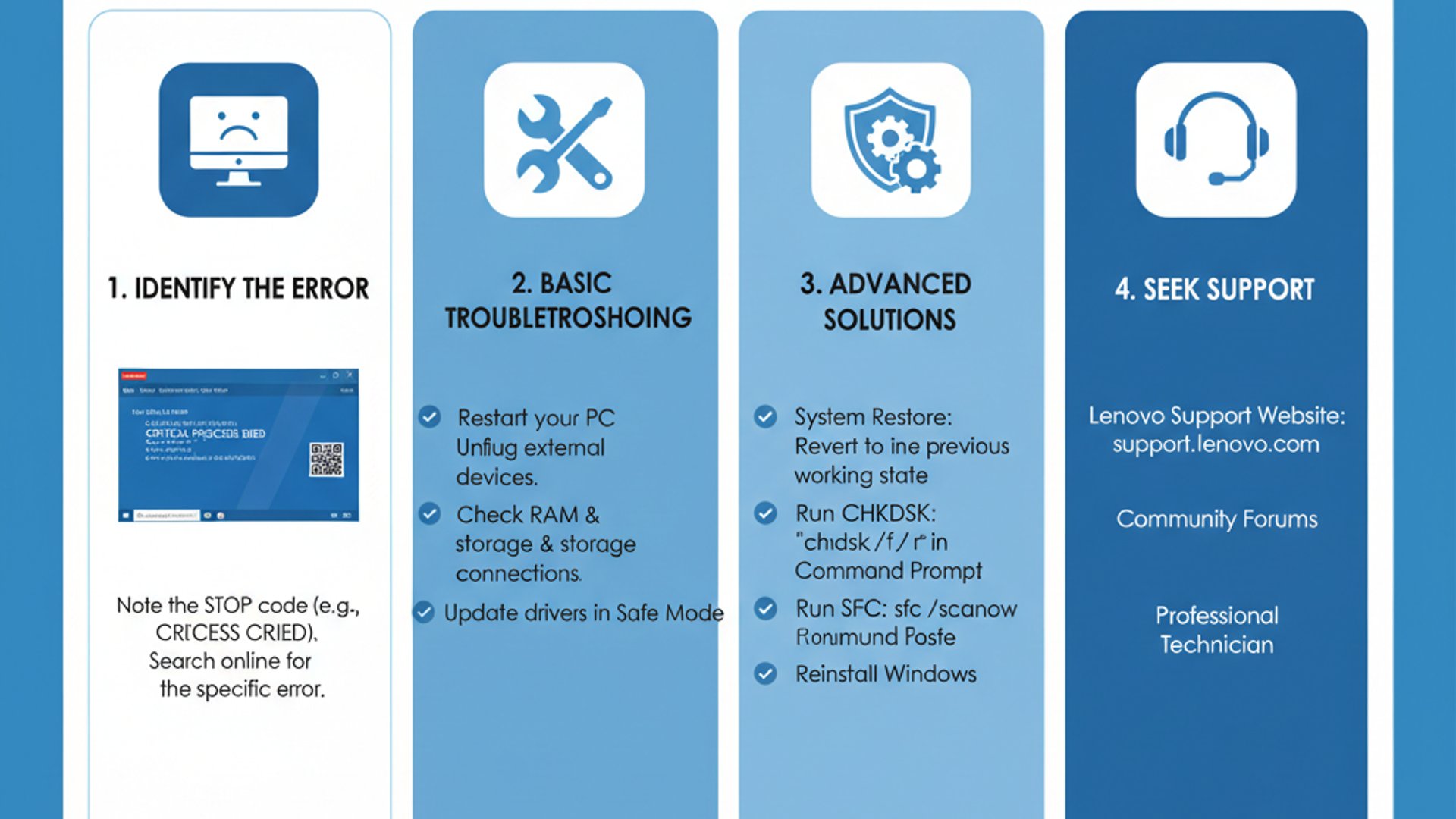 Technical guide visual for lenovo blue screen of death, educational infographic