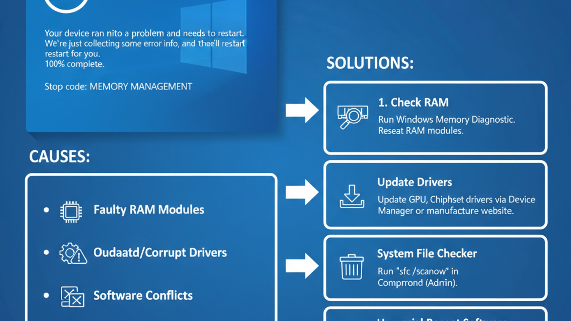 Technical guide visual for memory manager blue screen on Windows 11, educational infographic Technical guide visual for memory manager blue screen on Windows 11, educational infographic