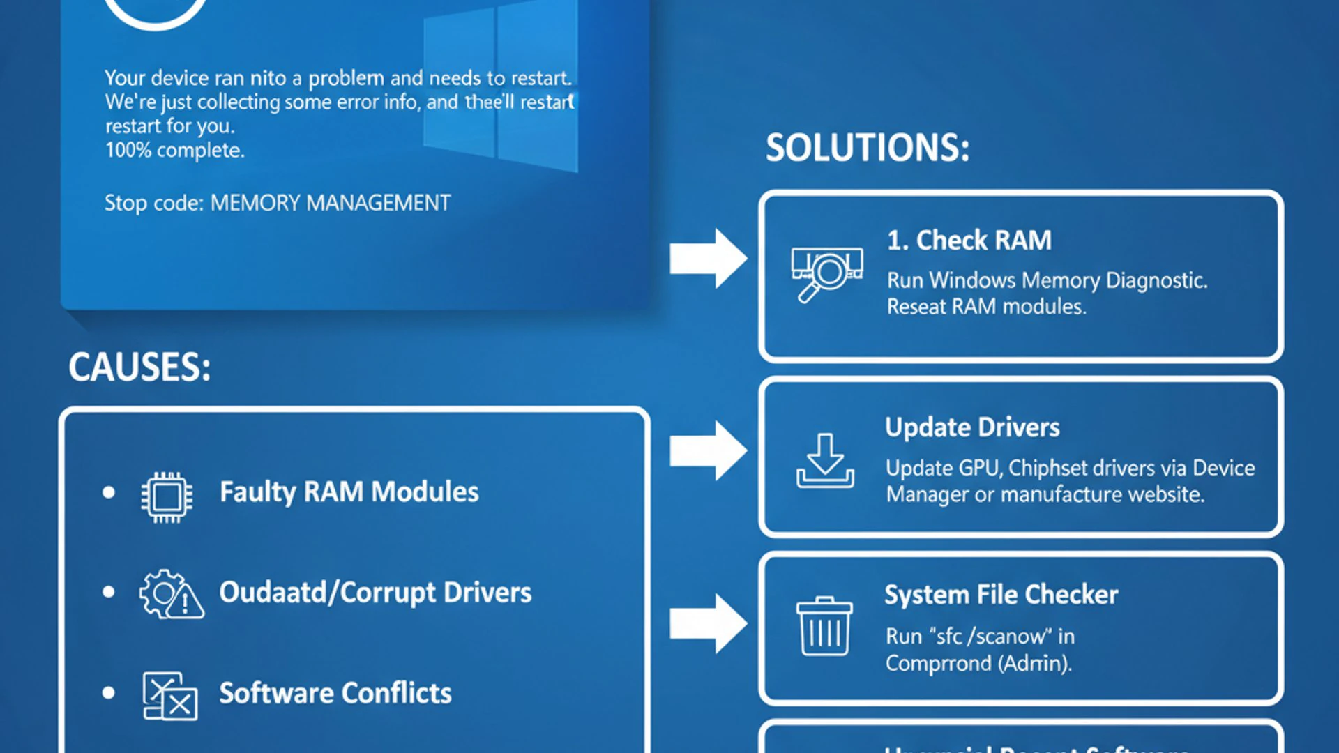 Technical guide visual for memory manager blue screen on Windows 11, educational infographic Technical guide visual for memory manager blue screen on Windows 11, educational infographic
