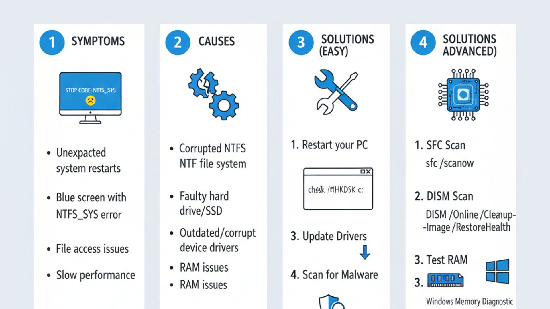 Technical guide visual for ntfs sys blue screen on Windows 11, educational infographic