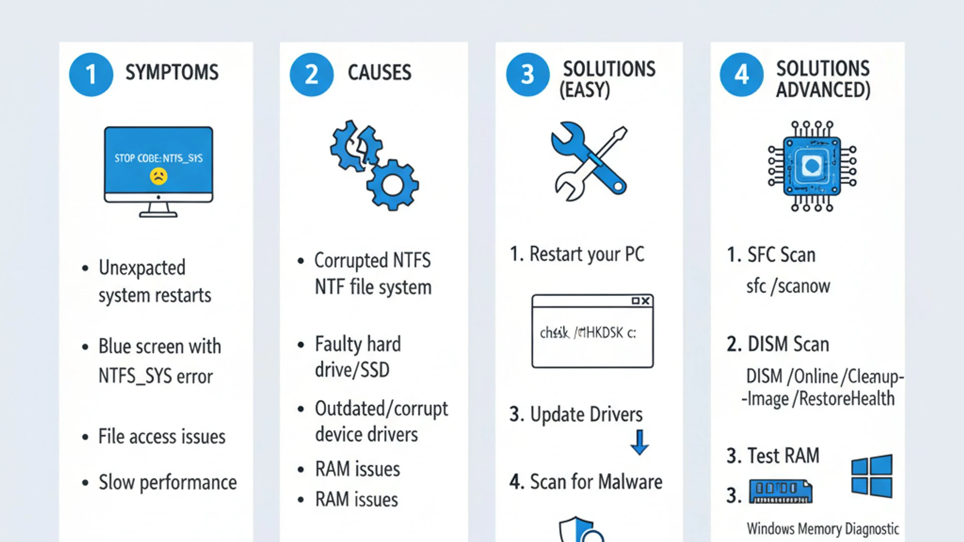 Technical guide visual for ntfs sys blue screen on Windows 11, educational infographic