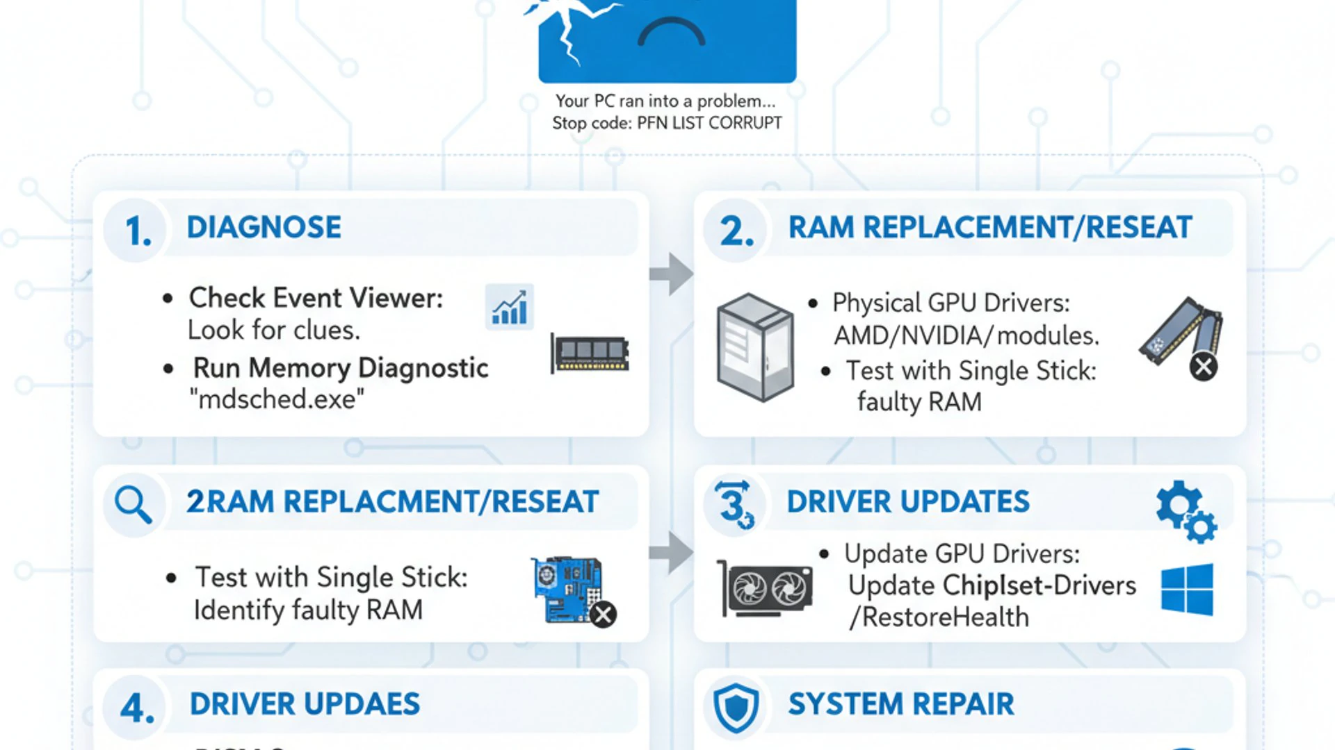 Technical guide visual for PFN List Corrupt on Windows 11, educational infographic