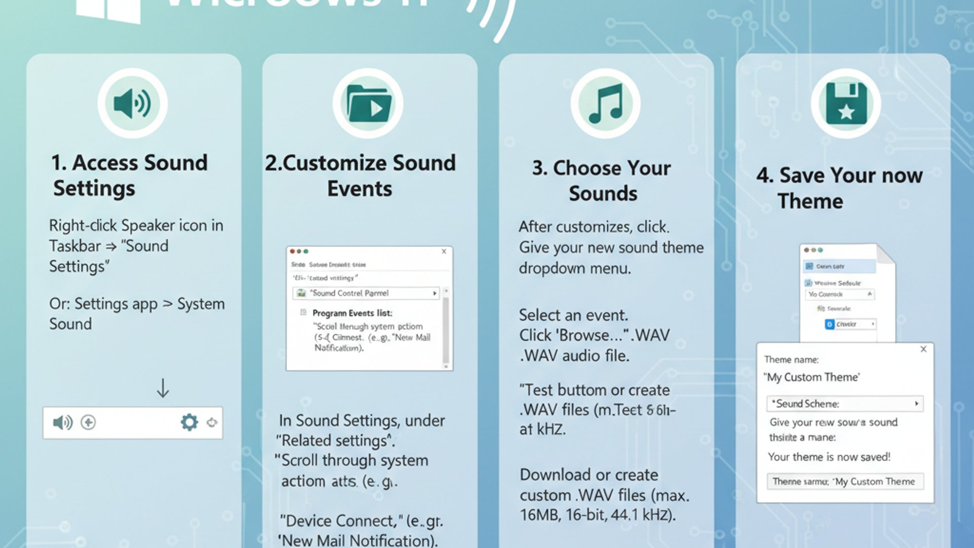 Technical guide visual for Sound Themes for Windows 11, educational infographic