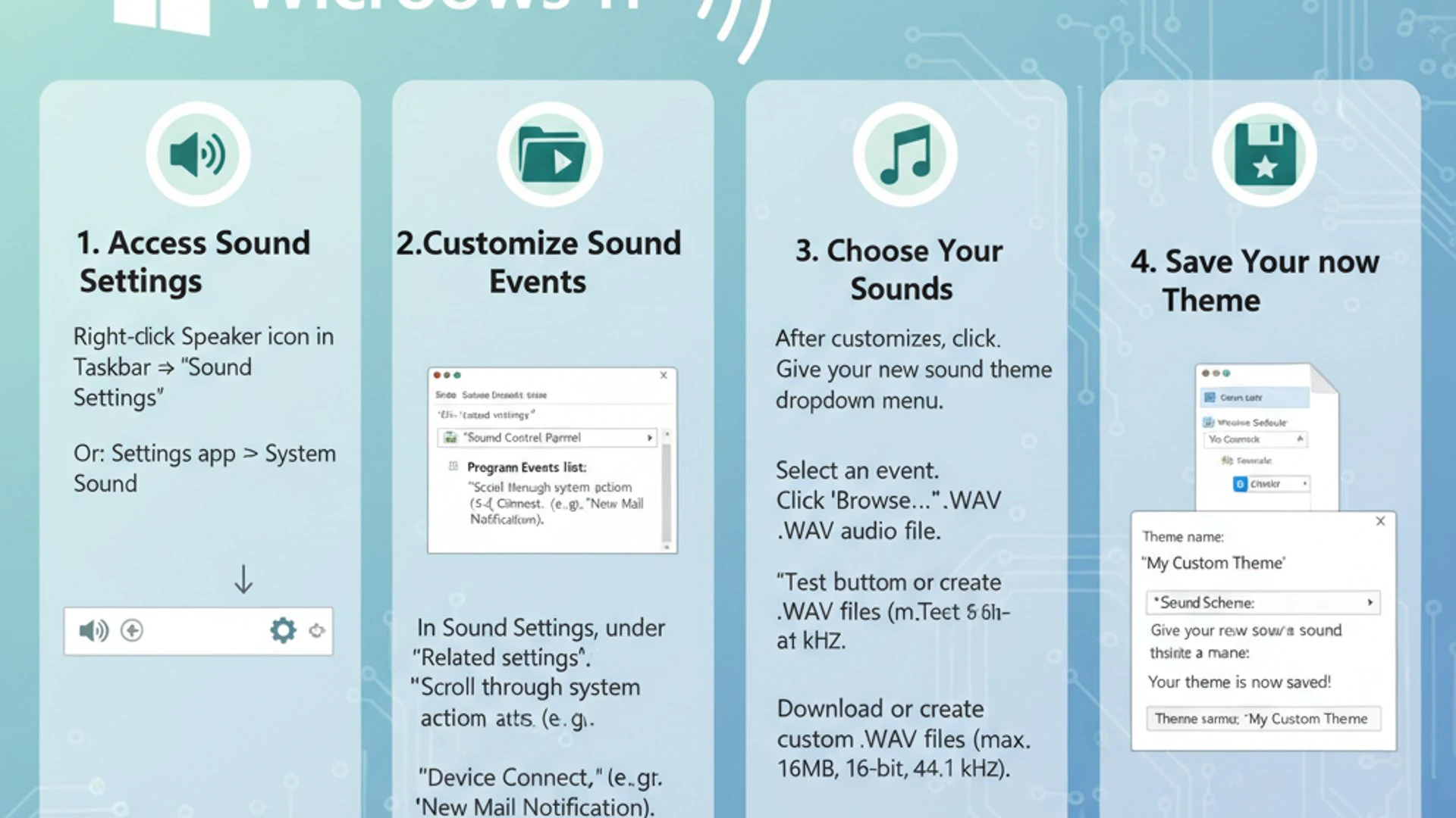 Technical guide visual for Sound Themes for Windows 11, educational infographic