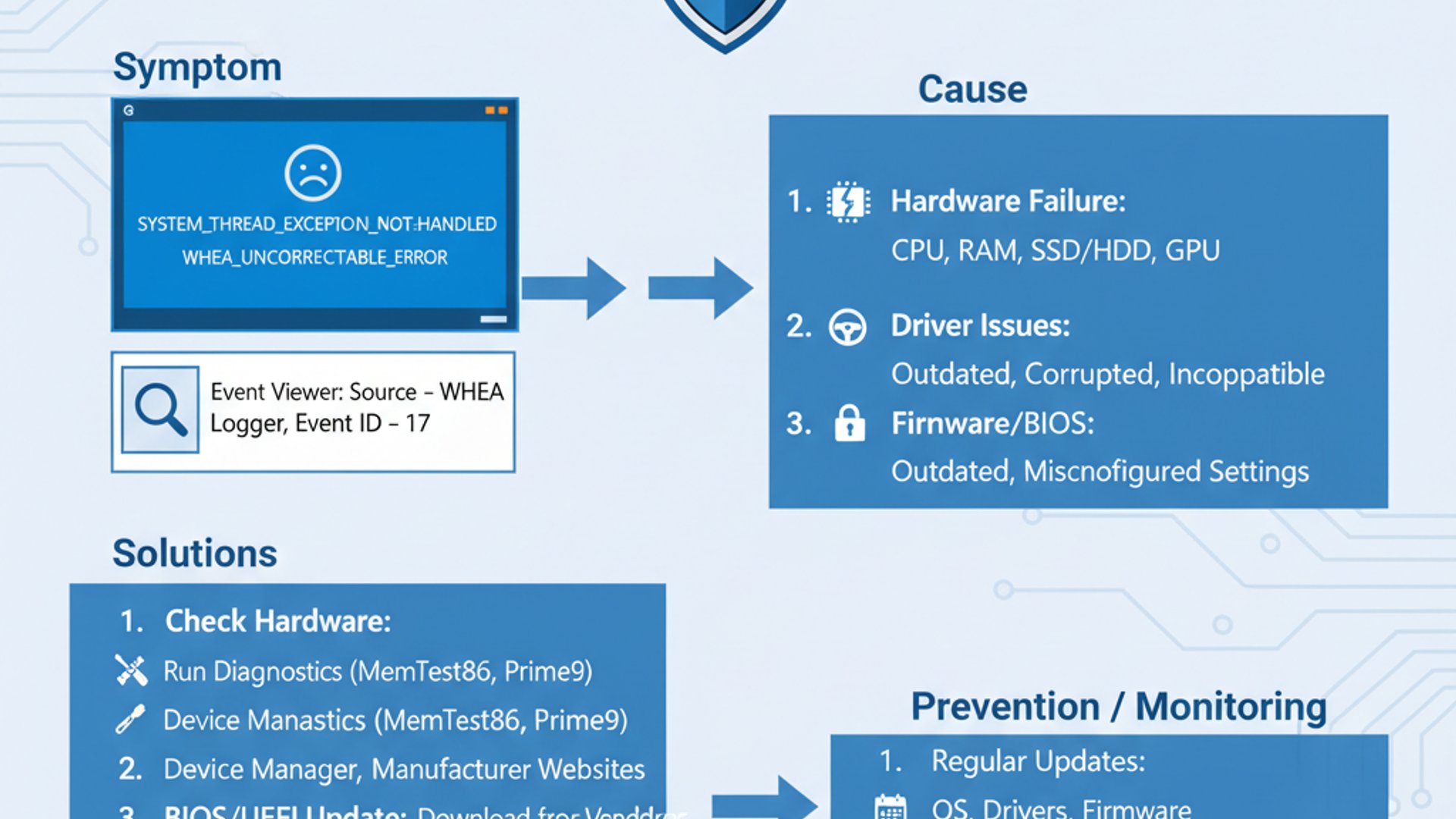 Technical guide visual for WHEA Logger Event 17 on Windows 11, educational infographic