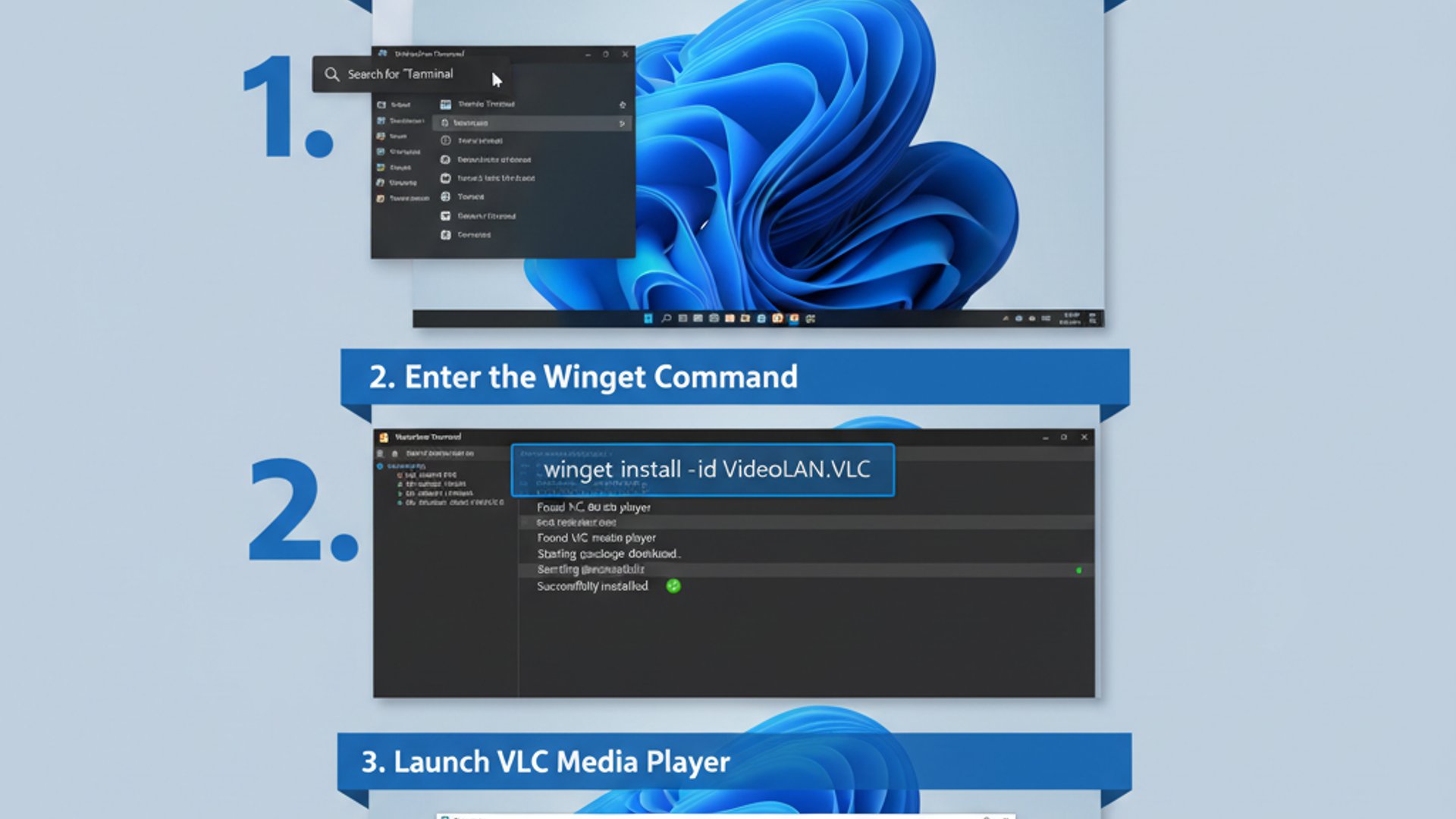 Technical guide visual for winget vlc media player on Windows 11, educational infographic
