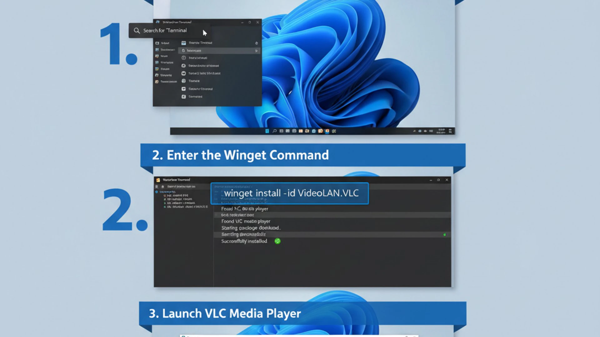 Technical guide visual for winget vlc media player on Windows 11, educational infographic