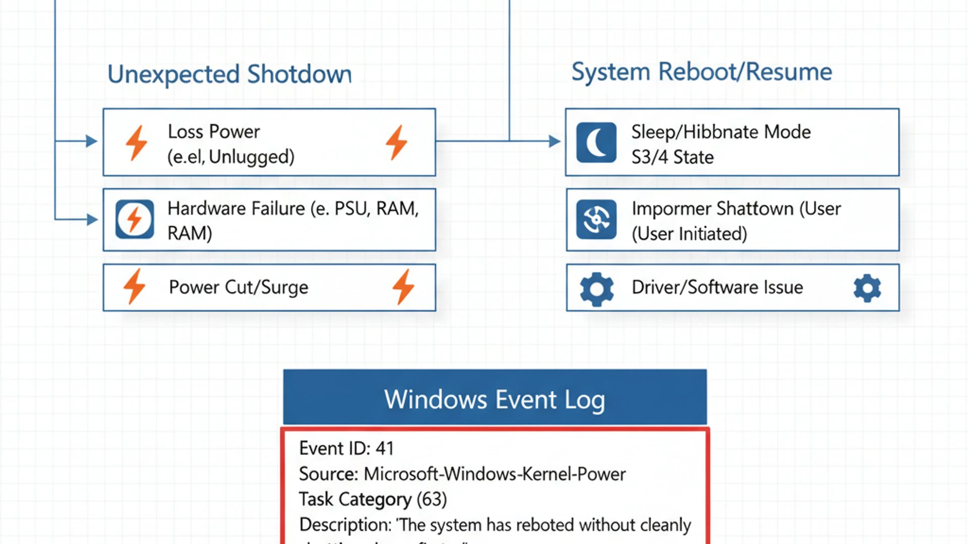 Technical diagram for kernel power event 41 on Windows 11, clean and professional