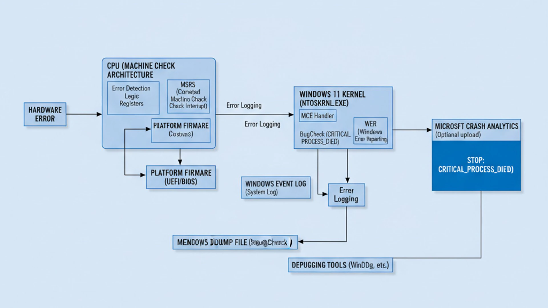 Technical diagram for Machine Check Exception on Windows 11, clean and professional