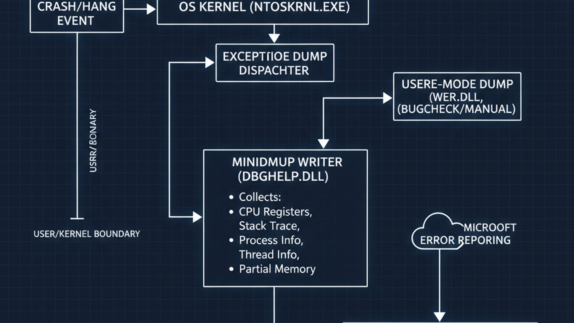 Technical diagram for MiniDump windows 11, clean and professional