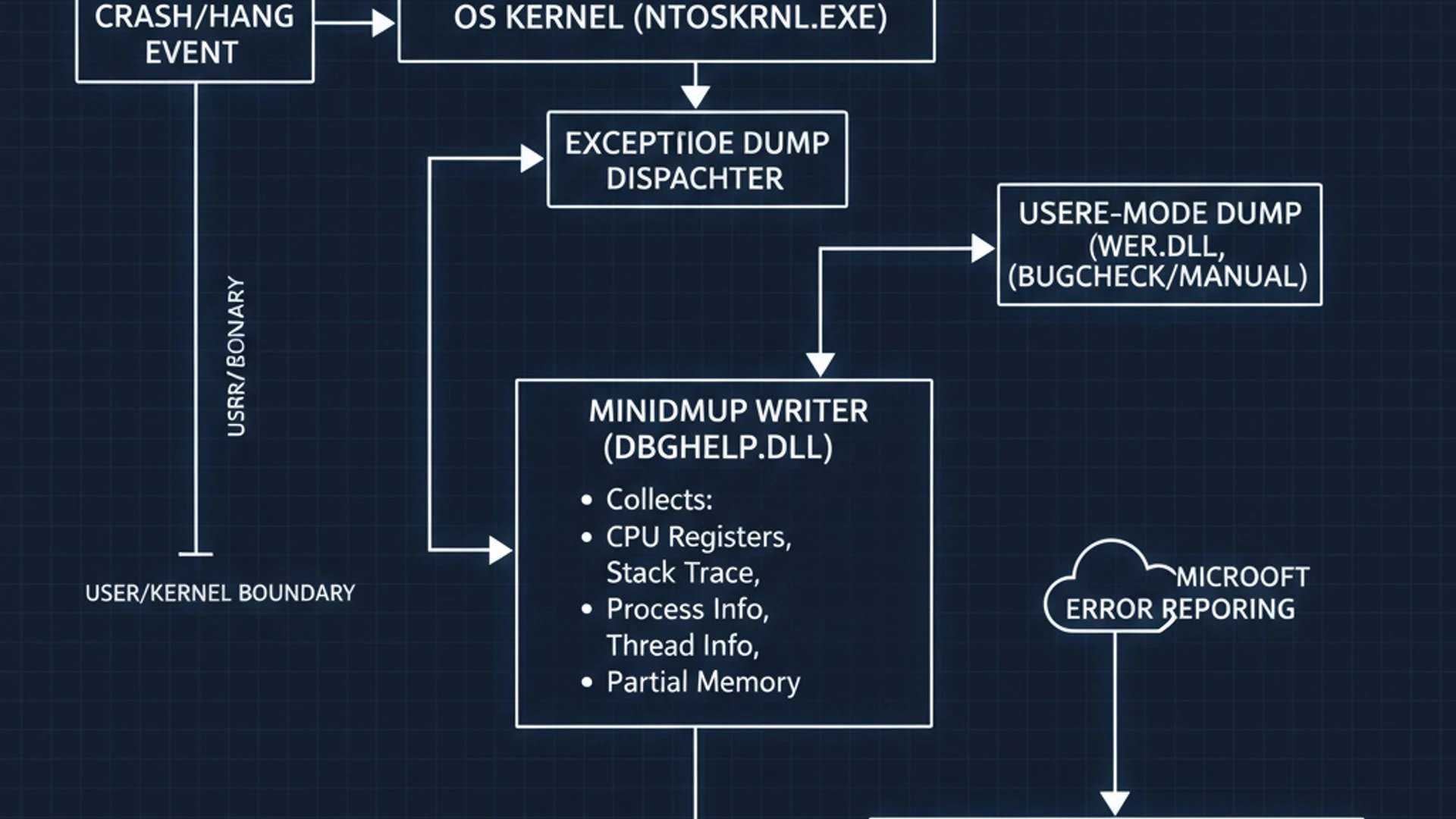 Technical diagram for MiniDump windows 11, clean and professional