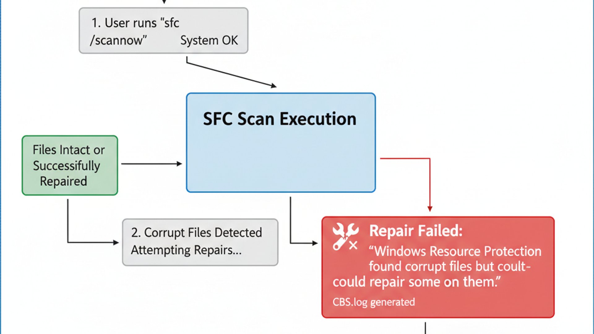 Technical diagram for SFC found corrupt files but could not repair on Windows 11, clean and professi