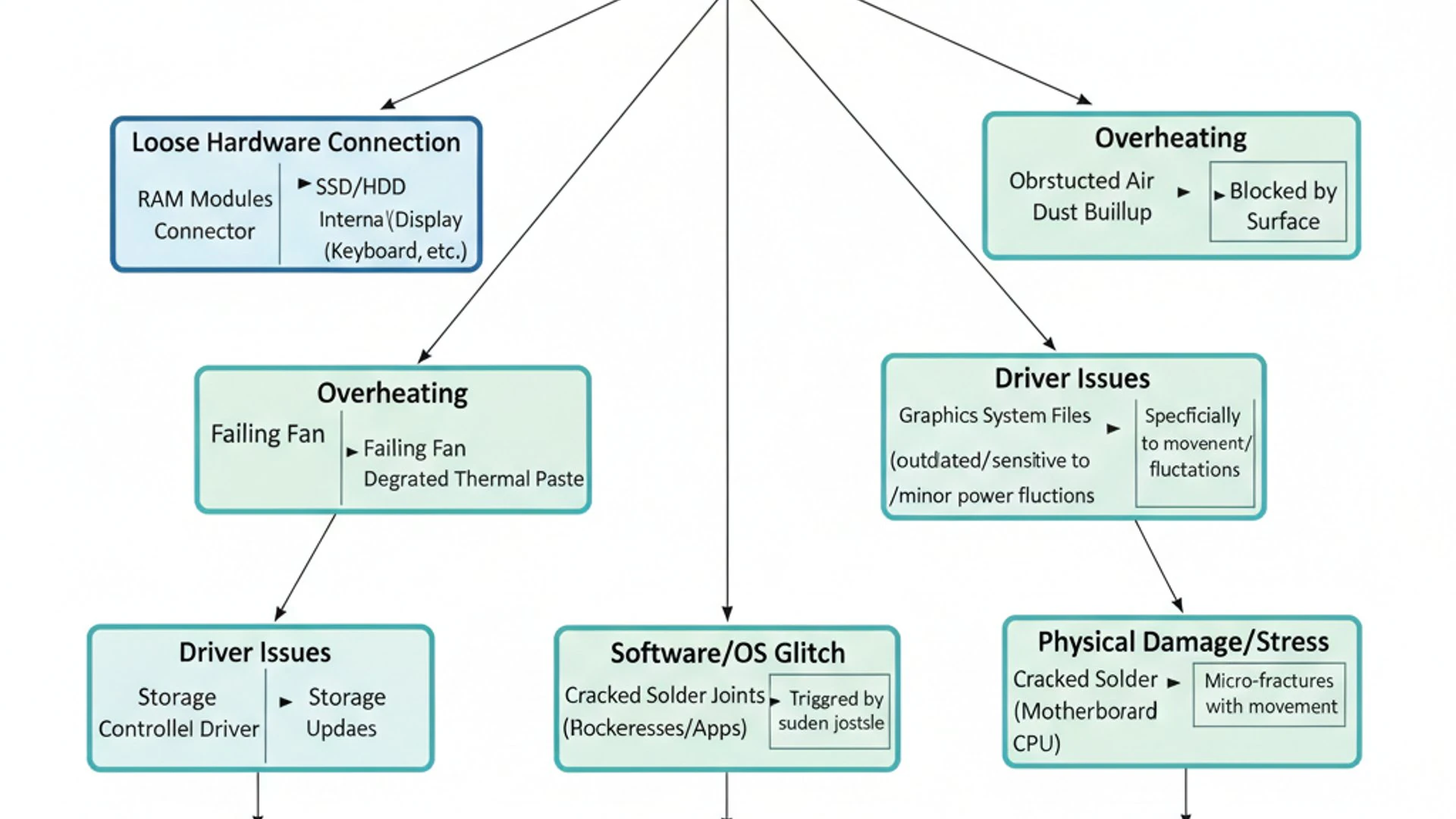 Technical diagram for Windows 11 Laptop freezes when moved, clean and professional