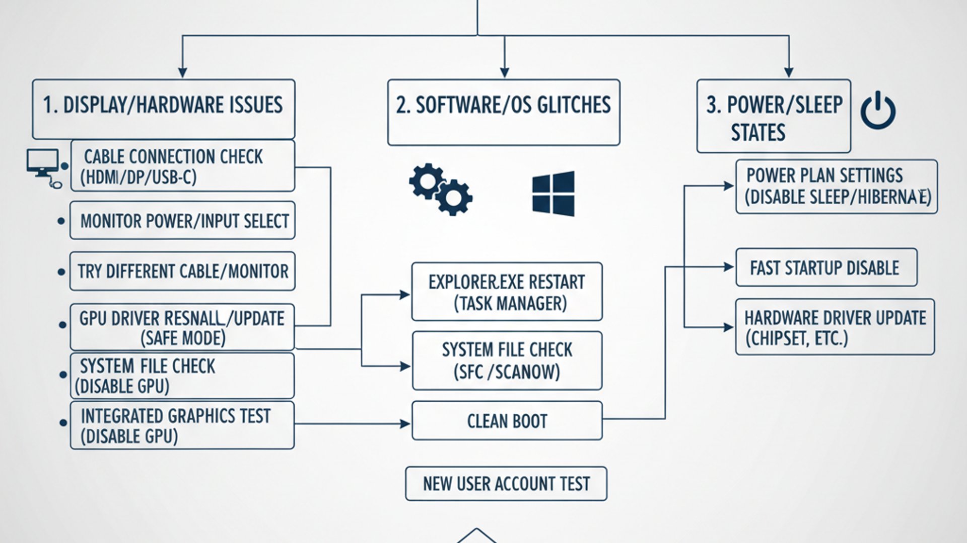 Technical diagram for Windows 11 random black screen no error, clean and professional