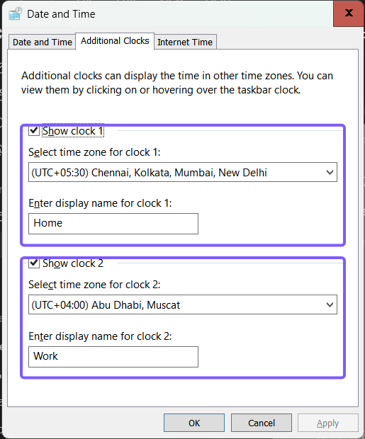 Windows 11 Additional Clocks tab with both clock configuration groups outlined in purple
