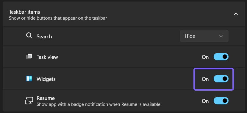 Windows 11 Taskbar items with the Widgets On switch outlined in purple