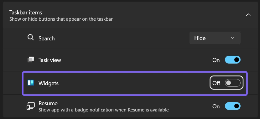 Windows 11 Widgets taskbar item switched Off with the row outlined in purple
