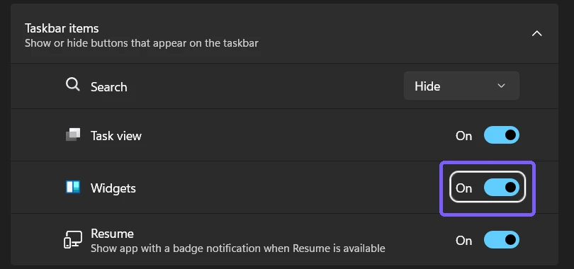Fresh Windows 11 Settings window showing Widgets restored On and outlined in purple