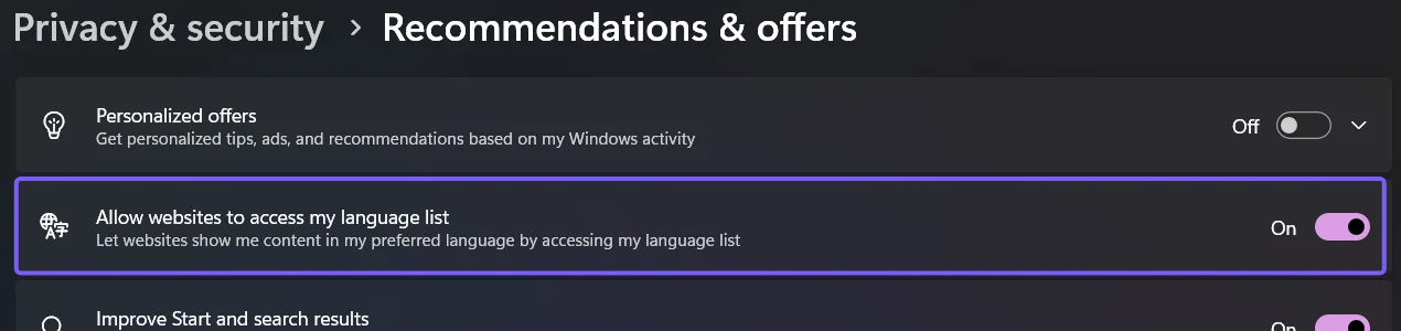 Windows 11 Recommendations and offers page with Allow websites to access my language list turned on and outlined in purple