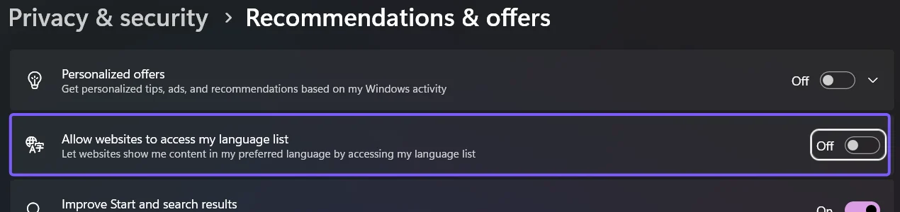 Windows 11 Recommendations and offers page with Allow websites to access my language list turned off and outlined in purple