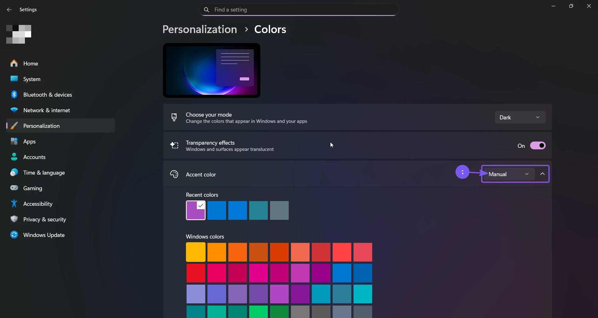 Windows 11 Personalization Colors page with the Manual Accent color menu highlighted