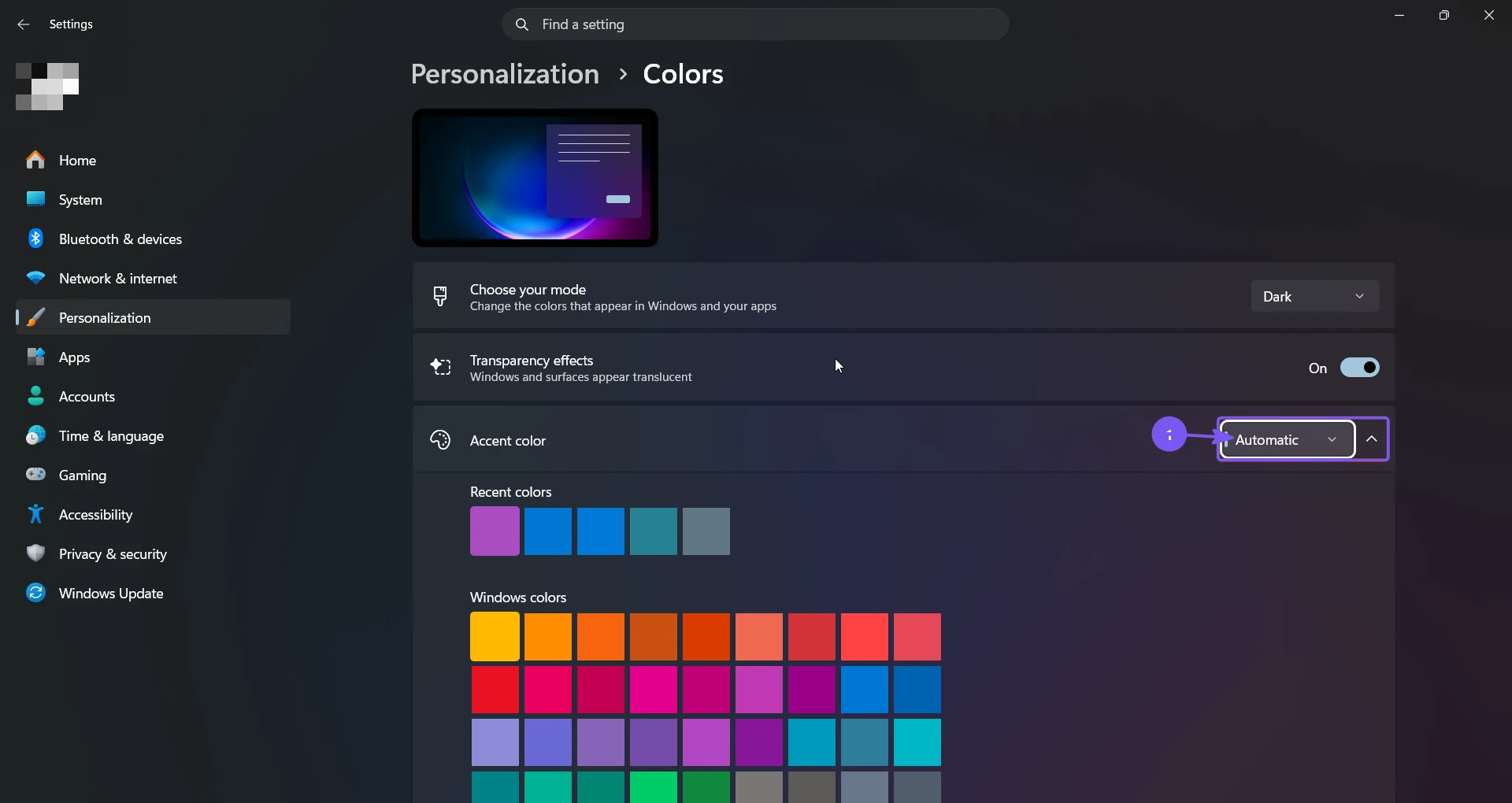 Automatic selected in the Windows 11 Accent color menu