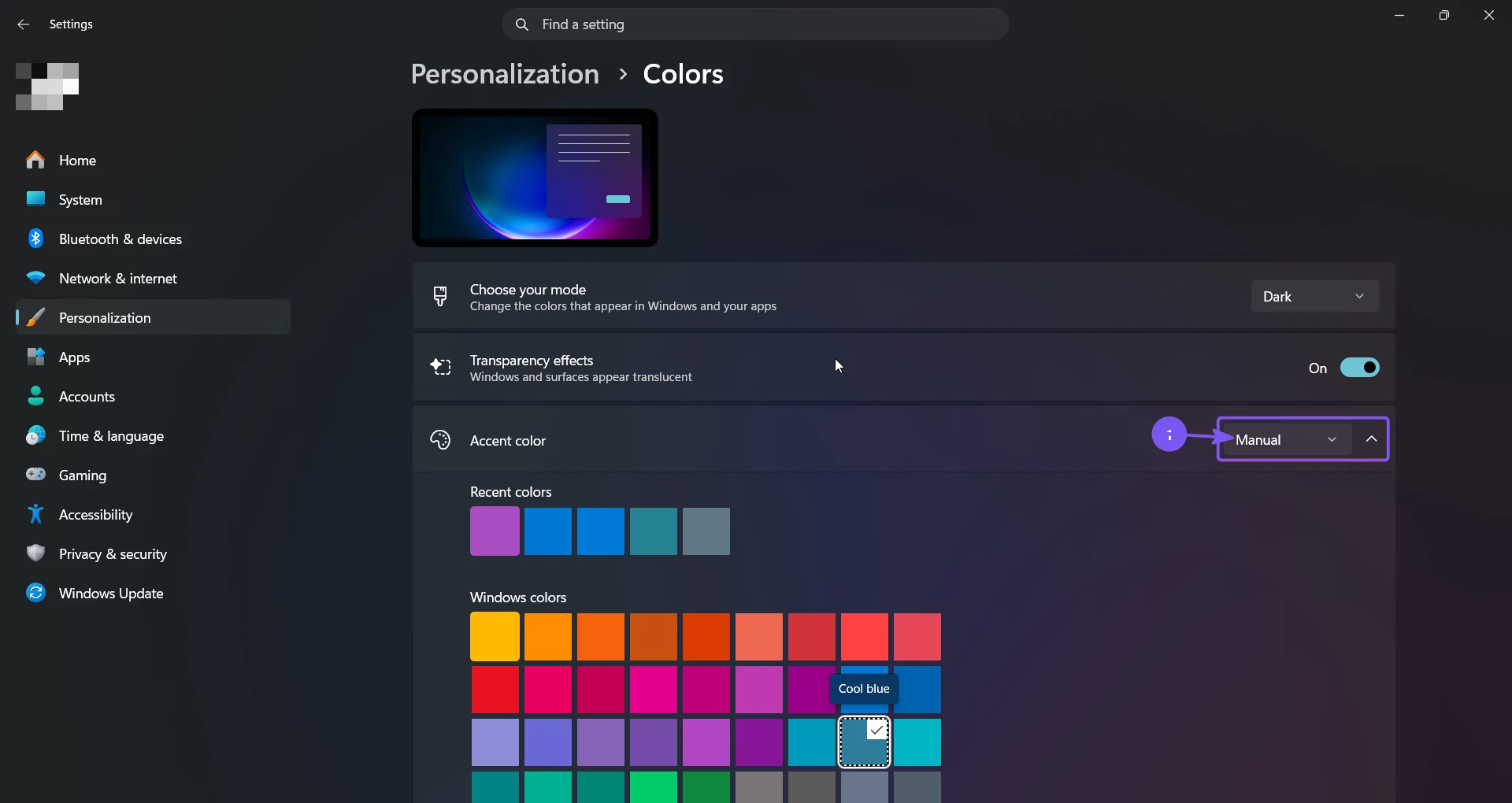 Manual Accent color mode with the Cool blue Windows color selected