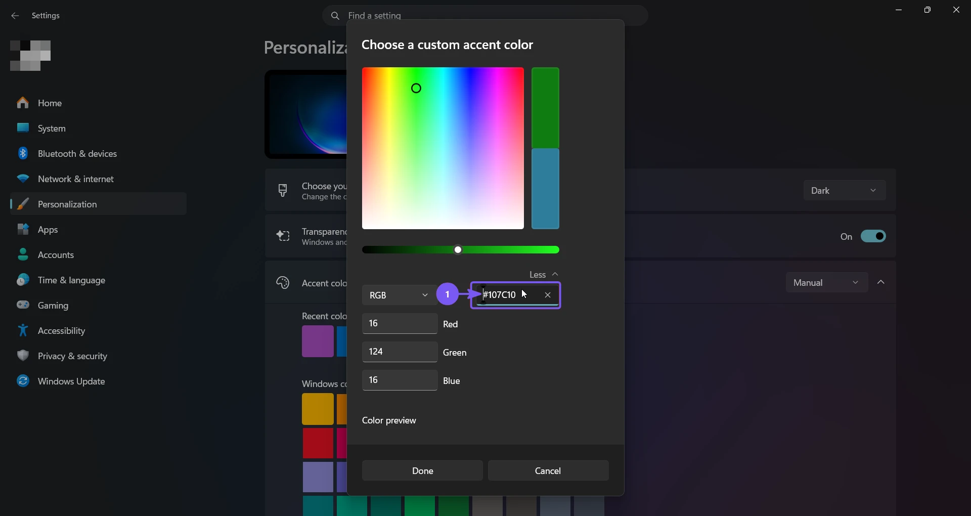 Windows 11 custom accent color picker with RGB hex value 107C10 highlighted