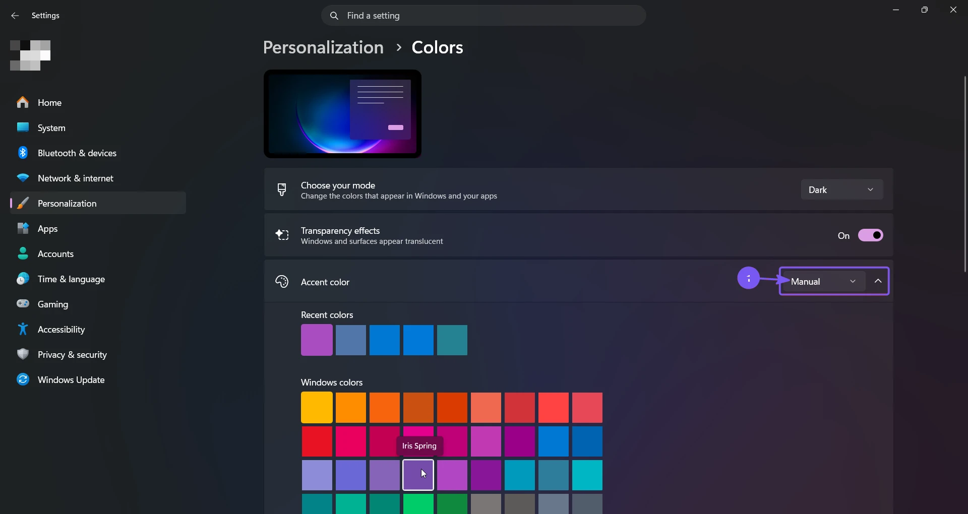 Windows 11 Colors page after the previous Manual accent color is restored