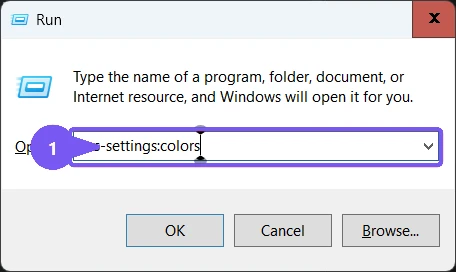 Run dialog with ms-settings colors entered to open Windows 11 Colors settings