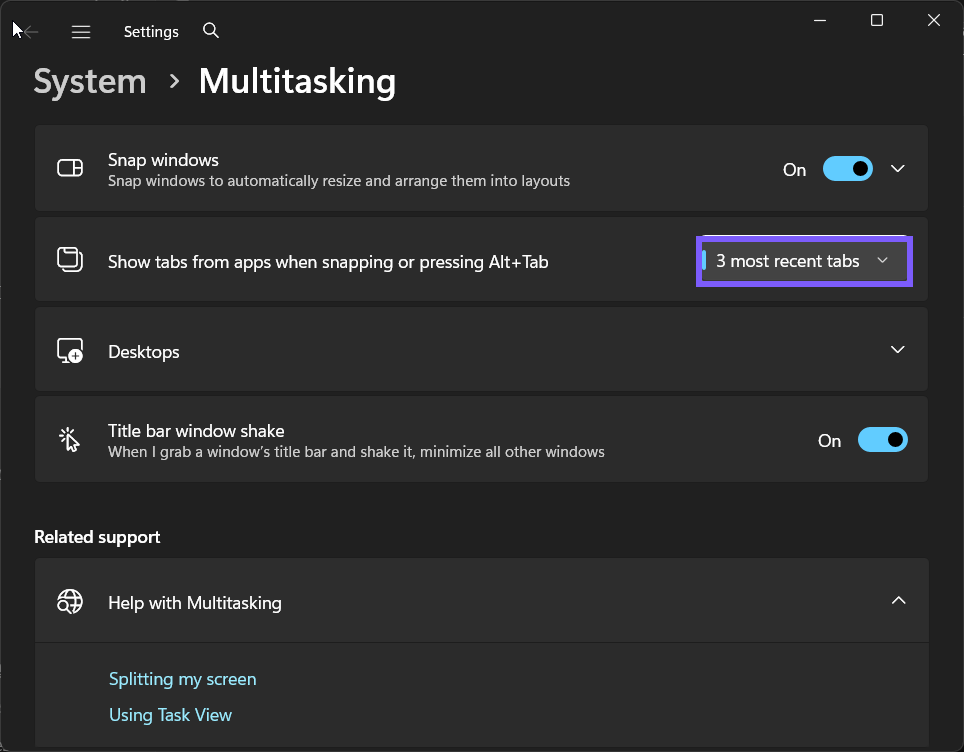 app tabs shown while snapping or pressing Alt+Tab set to 3 most recent tabs in Windows 11