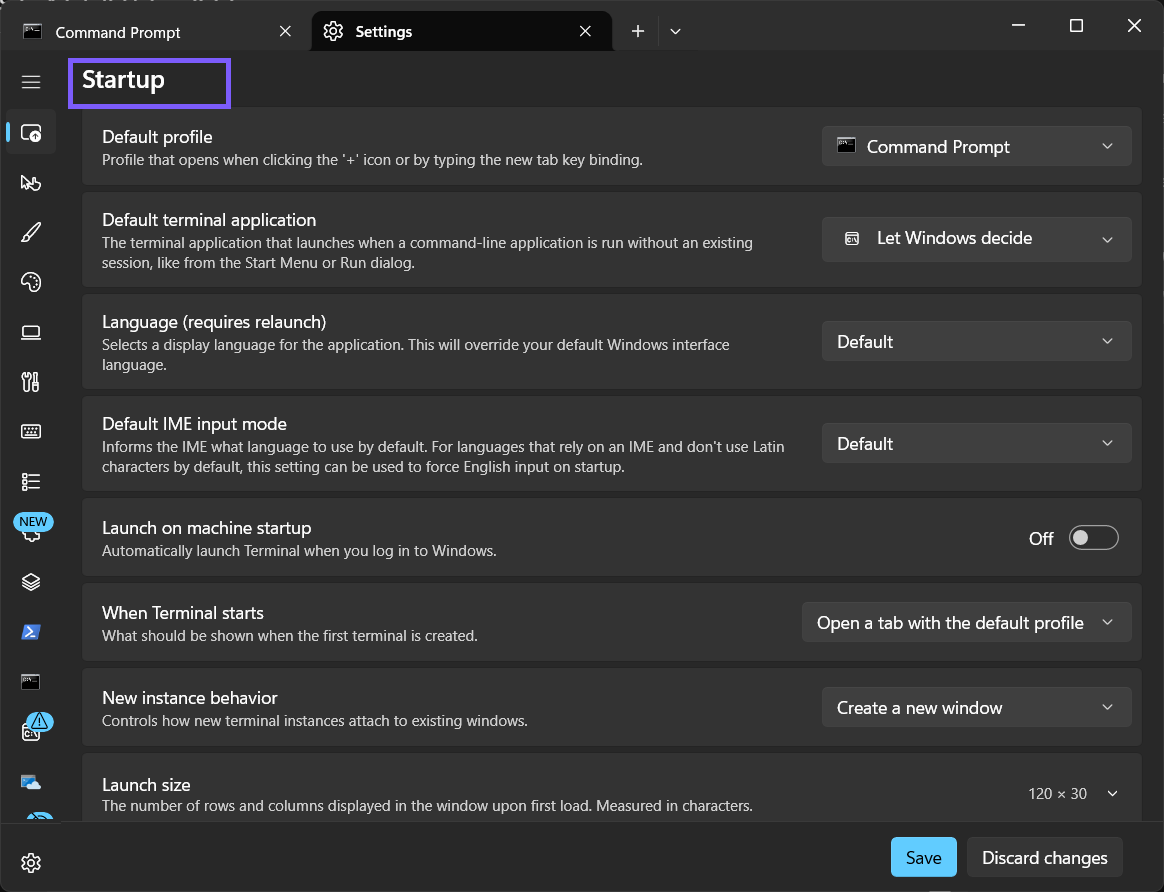 Windows Terminal Startup settings heading outlined in purple