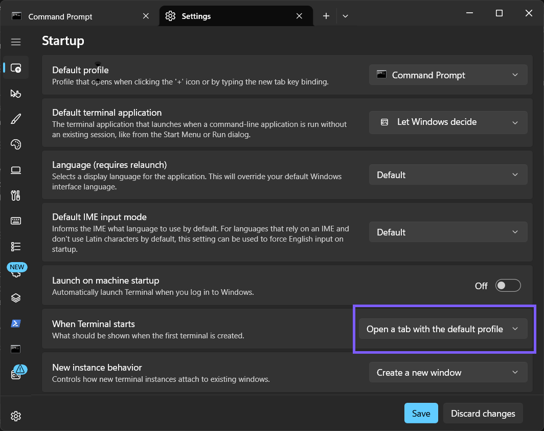 Fresh Windows Terminal Startup settings restored to open a tab with the default profile and outlined in purple