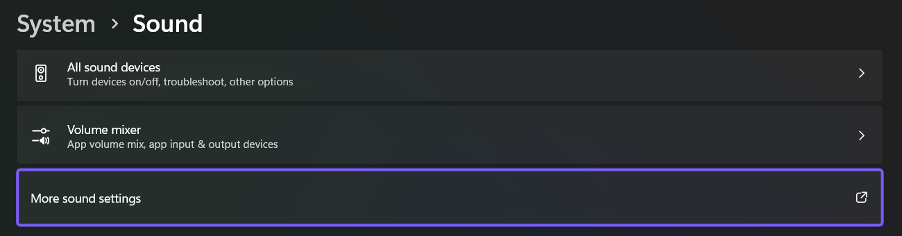 Windows 11 System Sound page with More sound settings outlined in purple