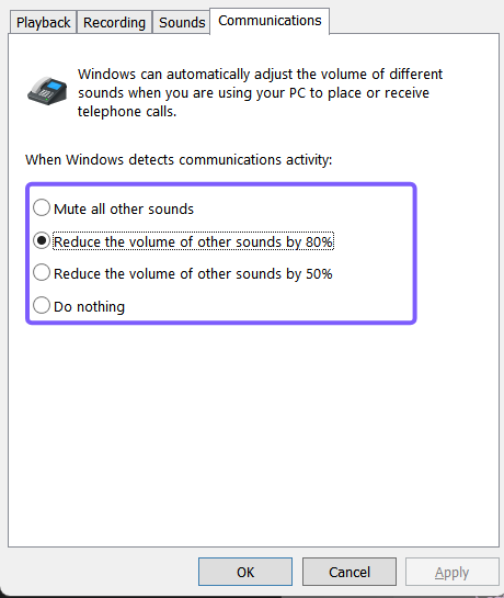 Windows Sound Communications tab with all four call audio choices outlined in purple