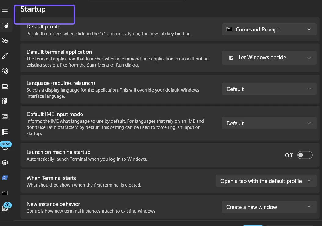 Windows Terminal Settings Startup page with the Startup heading outlined in purple