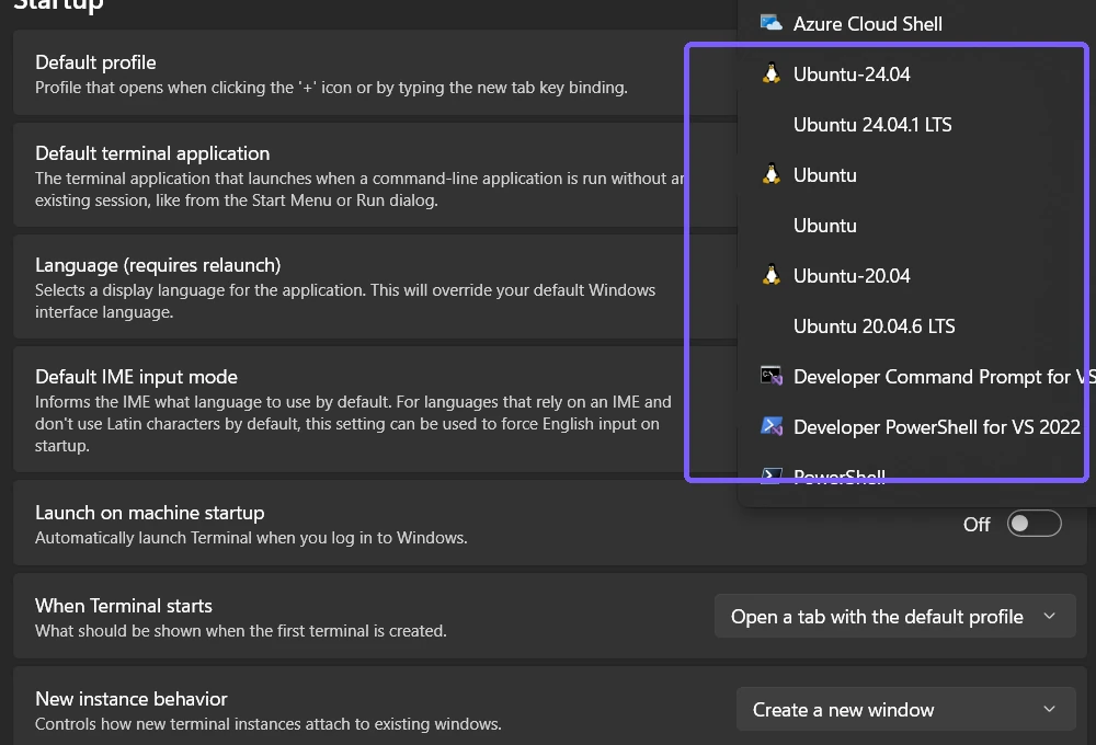 Windows Terminal Default profile dropdown open with installed profile choices outlined in purple