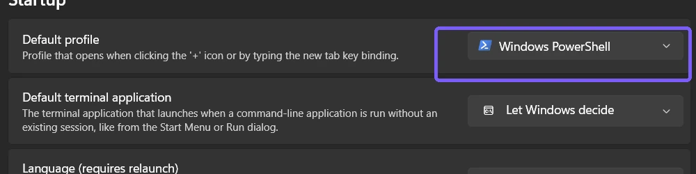 Windows Terminal Default profile set to Windows PowerShell and outlined in purple