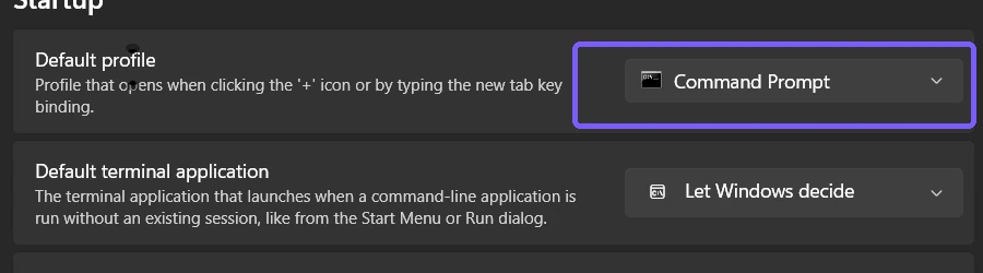 Fresh Windows Terminal Settings showing Default profile restored to Command Prompt and outlined in purple