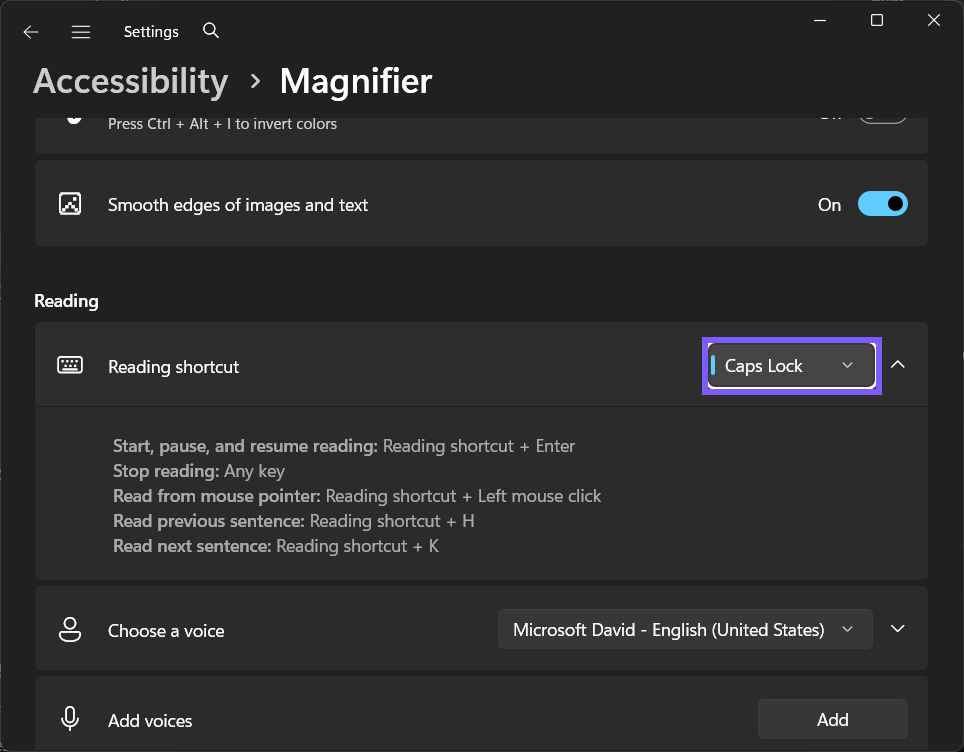 Magnifier Reading shortcut changed to Caps Lock in Windows 11