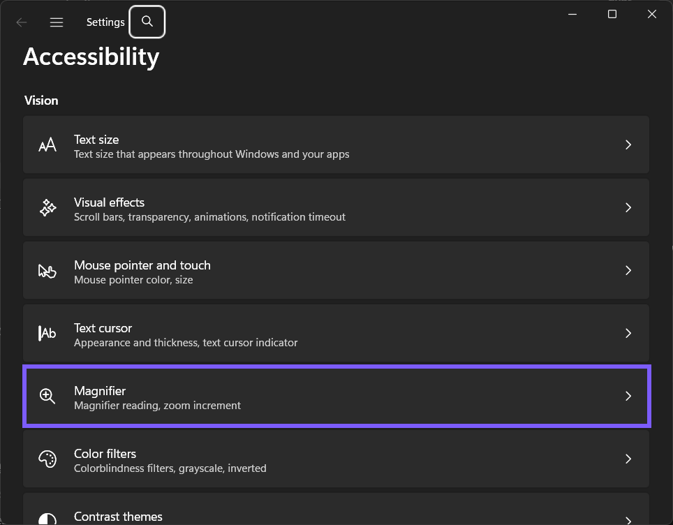 Windows 11 Accessibility page with Magnifier available