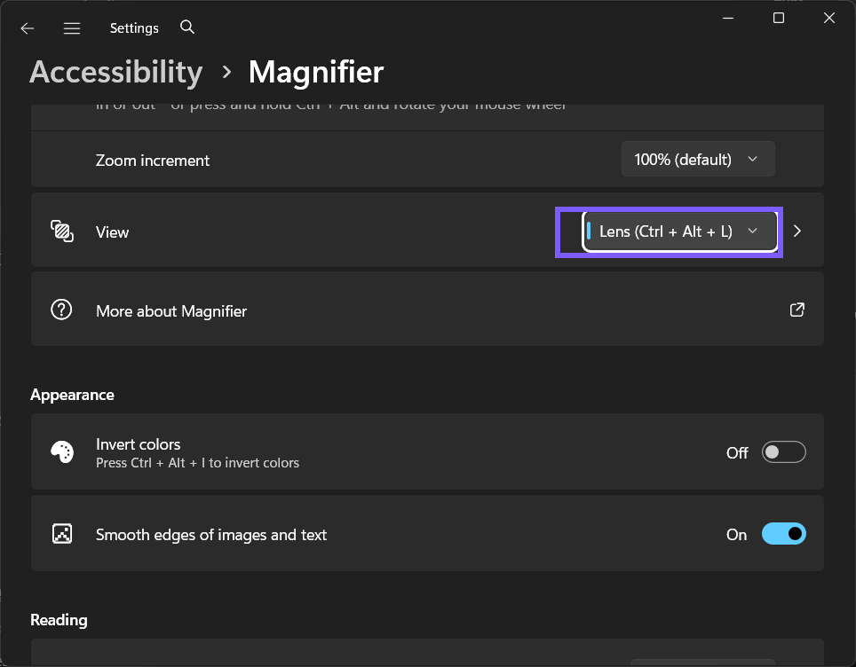 Magnifier View set to Lens (Ctrl + Alt + L) in Windows 11