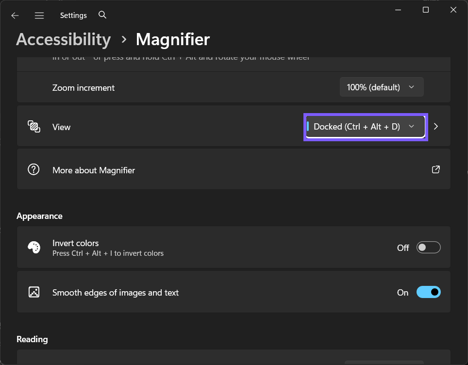 Magnifier View changed to Docked (Ctrl + Alt + D) in Windows 11