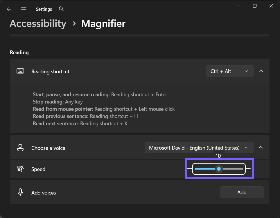 Magnifier reading Speed set to 10 in Windows 11