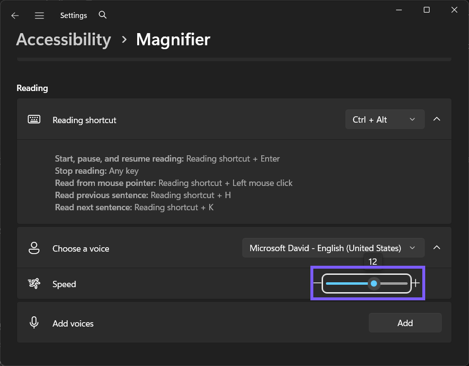 Magnifier reading Speed changed to 12 in Windows 11