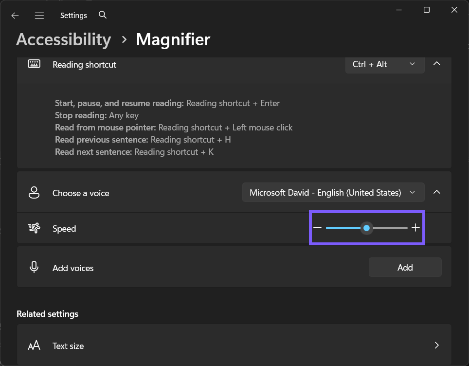 Magnifier reading Speed restored to 10 in Windows 11