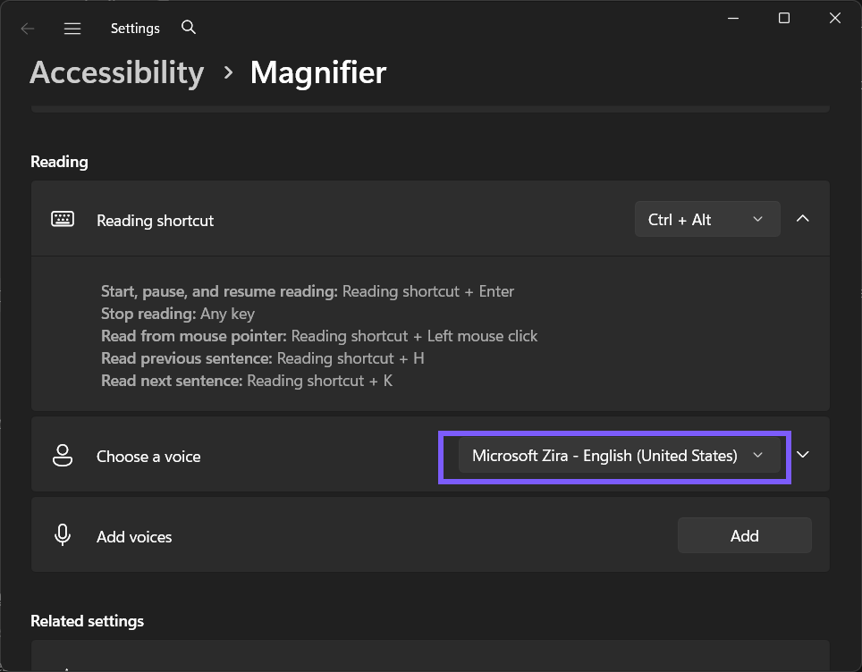 Magnifier Choose a voice changed to Microsoft Zira - English (United States) in Windows 11